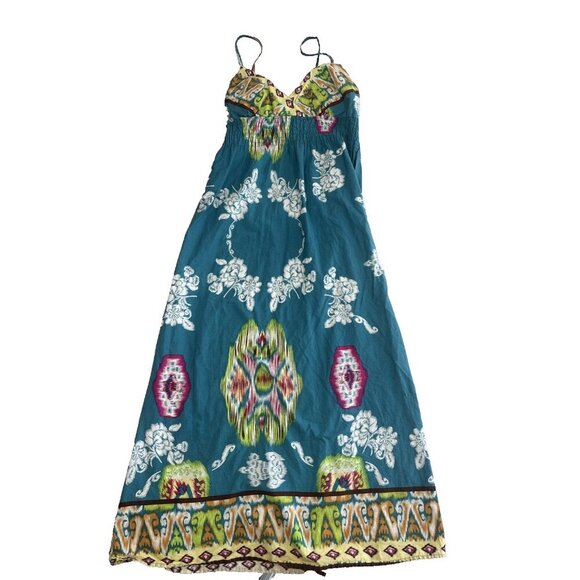 She's Cool Turquoise Maxi Sundress Shirring Under Bust Boho Print Women's Size 8 - Picture 1 of 7